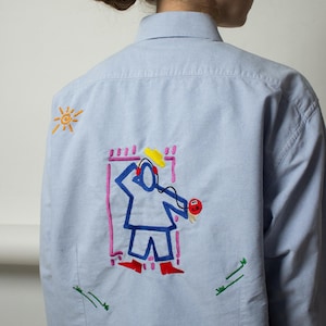Music Embroidered Reworked Oxford Shirt Blue Hand Drawn Original Art Headphones Figure Festival Top