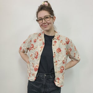 90s Floral blouse, vintage cotton beige color crop top, retro button up summer blouse, Size M