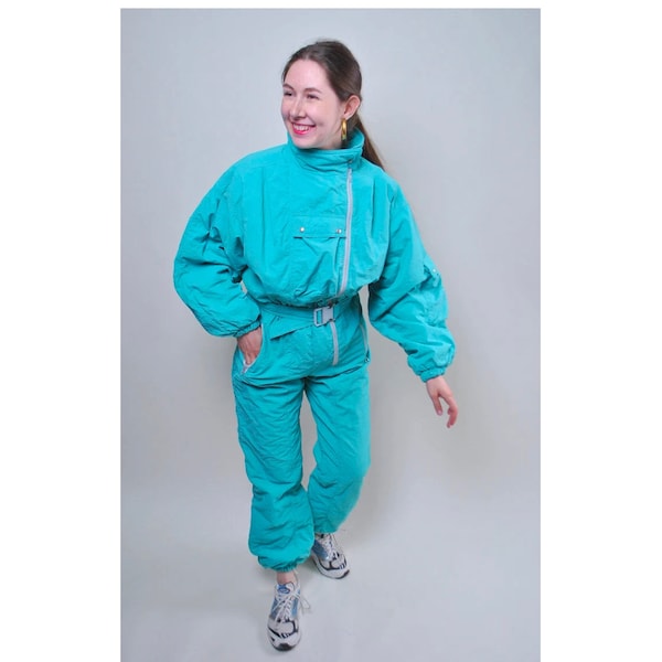 Groen skipak uit één stuk, vintage sneeuwpak uit de jaren 90, ski-jumpsuit voor dames, maat M