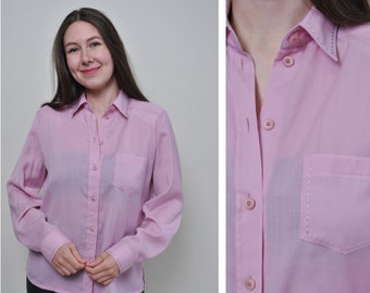 Minimalist pink blouse, sheer button down blouse LARGE size secretary bow sleeve shirt, Size L