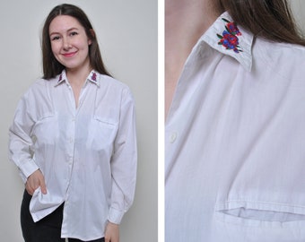 Vintage white blouse, minimalist button up shirt with flowers embroidery - LARGE size 90's fashion cute relaxed simple cotton top, Size L