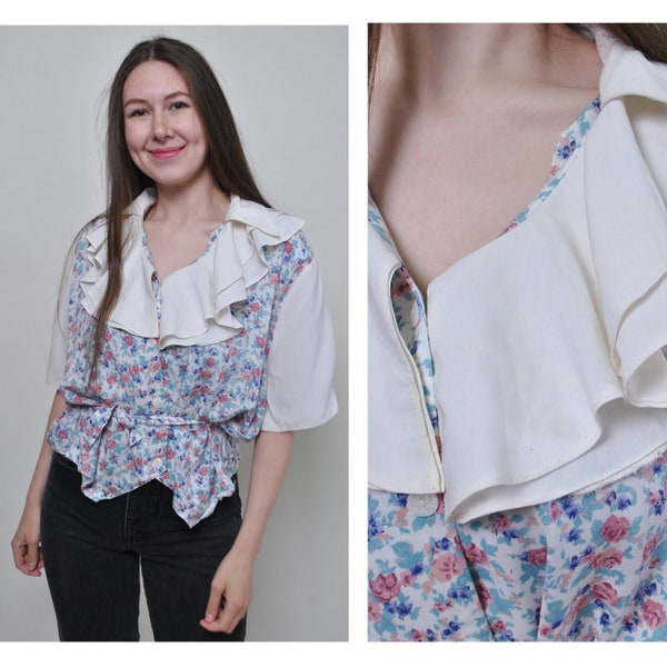 Vintage Dichterbluse mit Blumendruck, gerüschtes Sommertop – GROßE Größe 90er Jahre Damen Vintage Blumenmuster Boho Bluse entspannt, Größe L