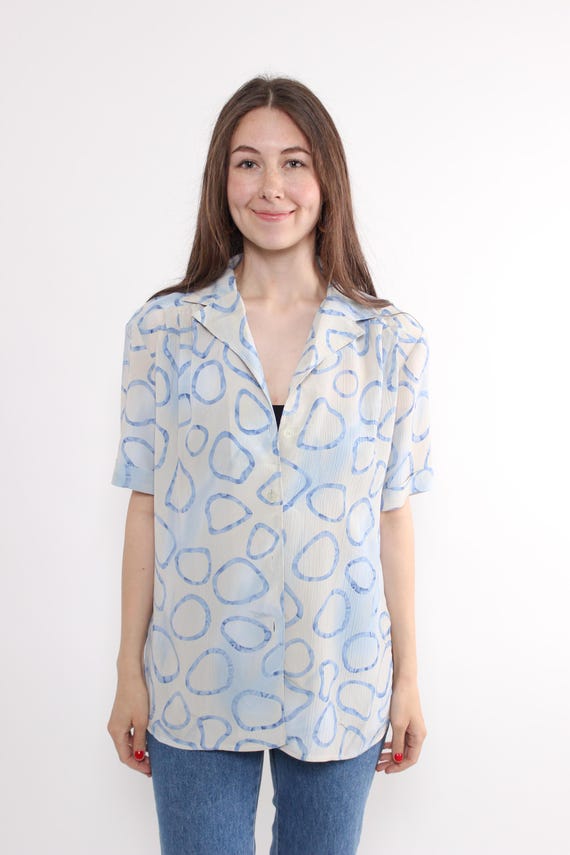 Vintage Abstract Print Blouse, 90s Blue Short Sleeve Vocation Summer Lightweight Shirt, Size L