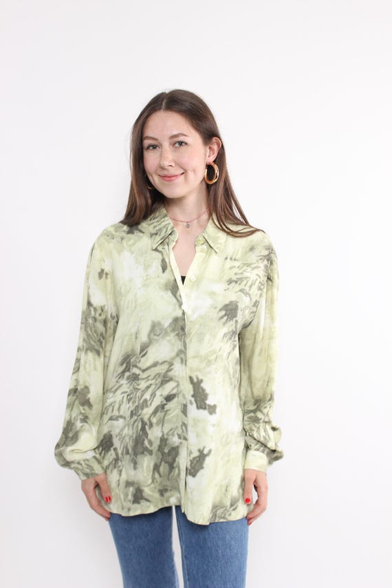 80s Sage Green Blouse Vintage Watercolor Abstract Button Up Long Sleeve Top L
