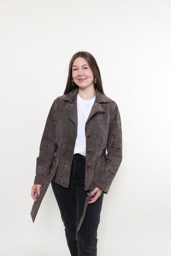 Taupe Suede Jacket Womens 70s Belted Trench Vintage Boho Tailored Notched Lapel Size M
