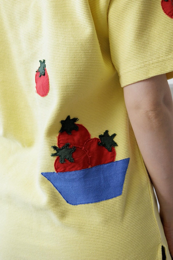 Yellow Ribbed Tee Tomato Appliqué Reworked Handmade Short Sleeve Cotton Top M