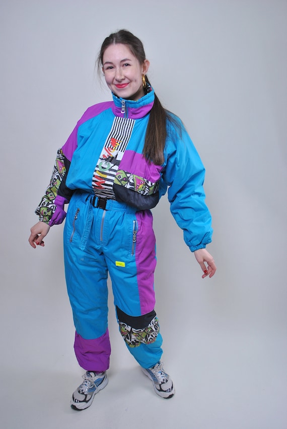 Vintage one piece multicolor ski suit retro blue snow suit | Etsy