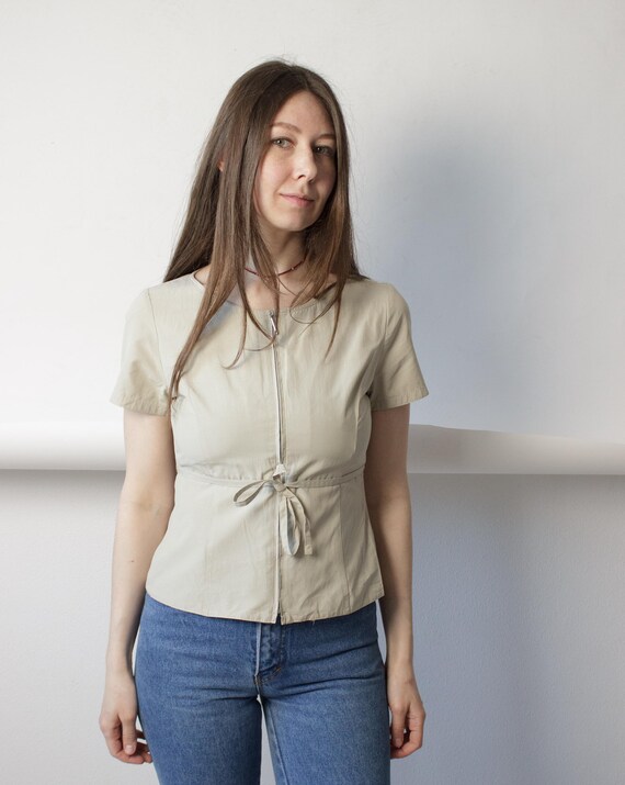 Vintage 90s Beige Zip Front Top Waist Tie Minimalist Cotton Utility Blouse, Size S
