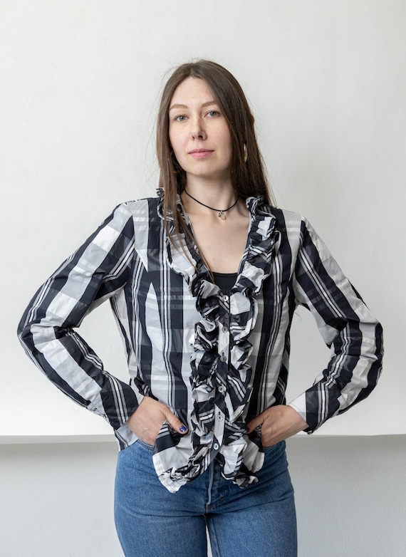 90s Black White Plaid Ruffle Blouse Vintage Womens Victorian Dark Academia Size M