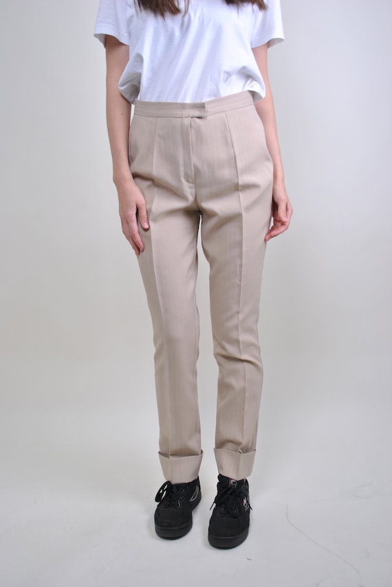 90s hight waist beige pants, vintage striped formal trousers, Size L