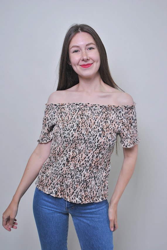 90s leopard print off shoulder blouse, vintage stretchy stretch pullover crop blouse, Size M