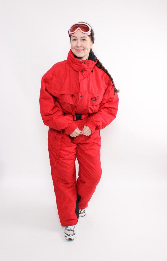 Vintage 90s Red Ski Suit, One Piece Snowsuit, Size L