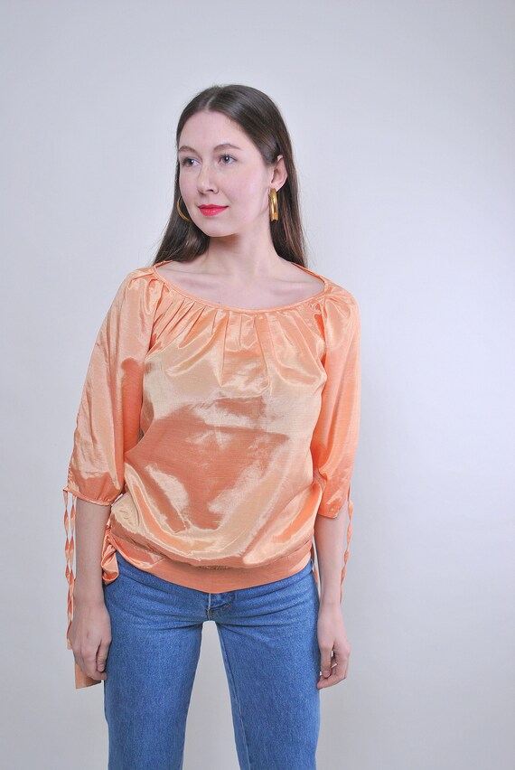 90s Vintage Orange Blouse: Shiny Tie Sleeve Top, Size M