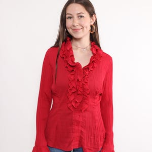 90s ruffle blouse in red, vintage ruched textured blouse, Size M