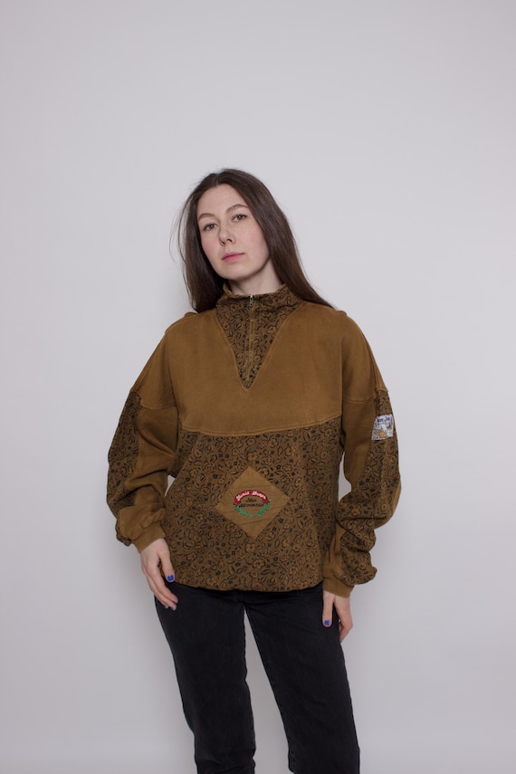 Vintage 90s Floral Sweatshirt Brown Cotton Pullover Made in Spain, Women M