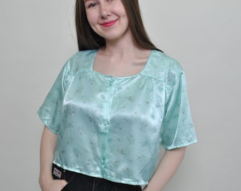 Vintage Floral Crop Blouse: Green Polyester Short Sleeve Shirt (Size M)
