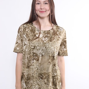 90s leopard print pullover blouse, vintage shoulder pads stretchy blouse in brown, Size M