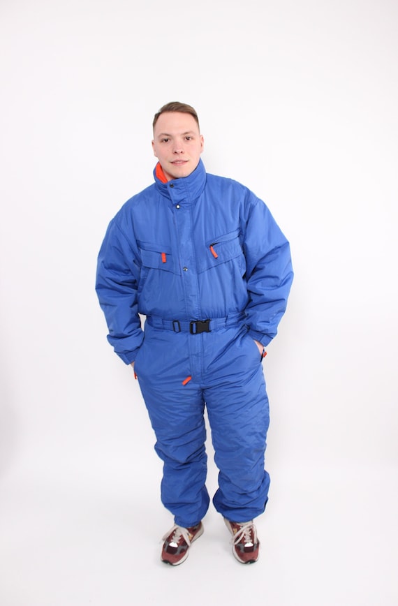 90s Blue Ski Suit Vintage One Piece Hooded Snowsuit Belted Overall Size L