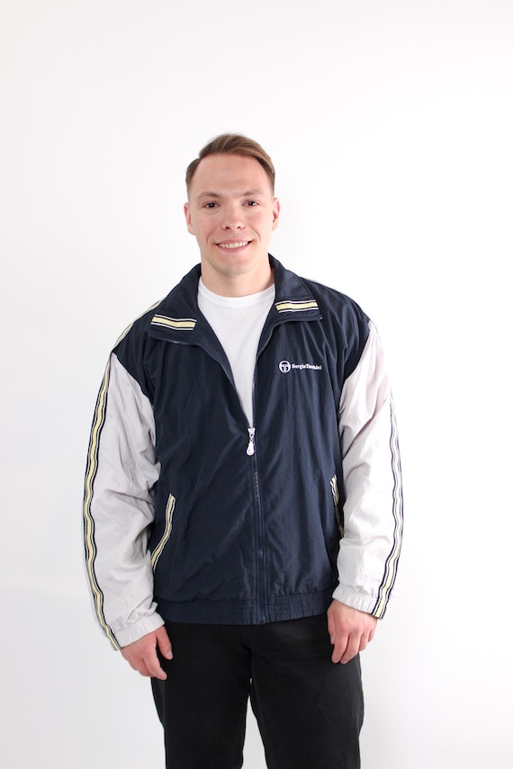 Vintage 90s Sergio Tacchini Windbreaker, Retro Colorblock Track Jacket Blue White Sportswear, Size L