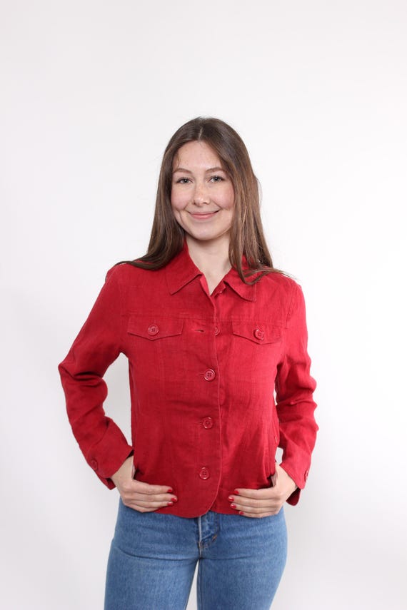 90s Red Linen Cropped Jacket Vintage Twin Pocket Shirt Style Size M