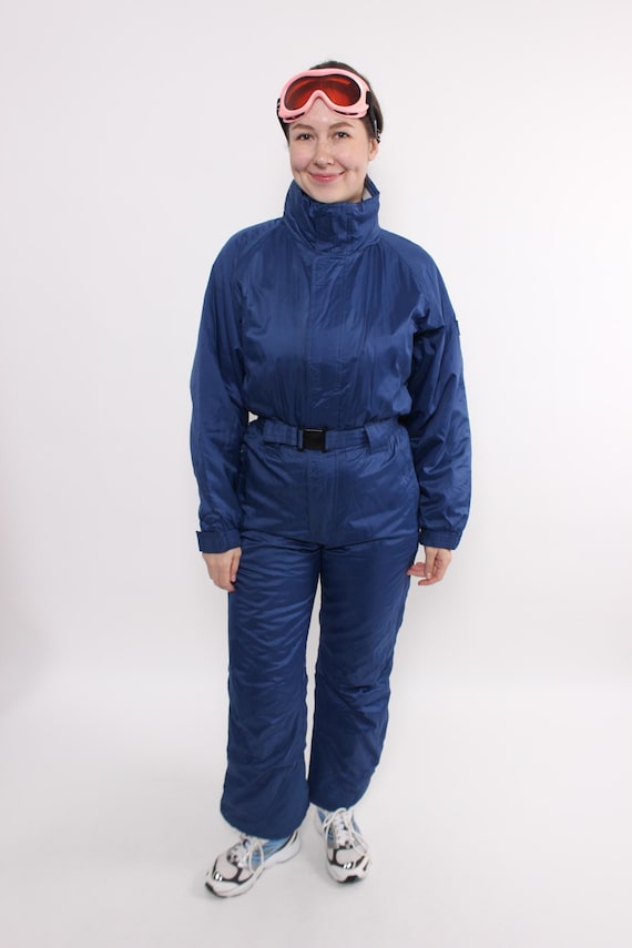 90s One Piece ski suit, Vintage Women's Blue Snowsuit with Hood, Size M