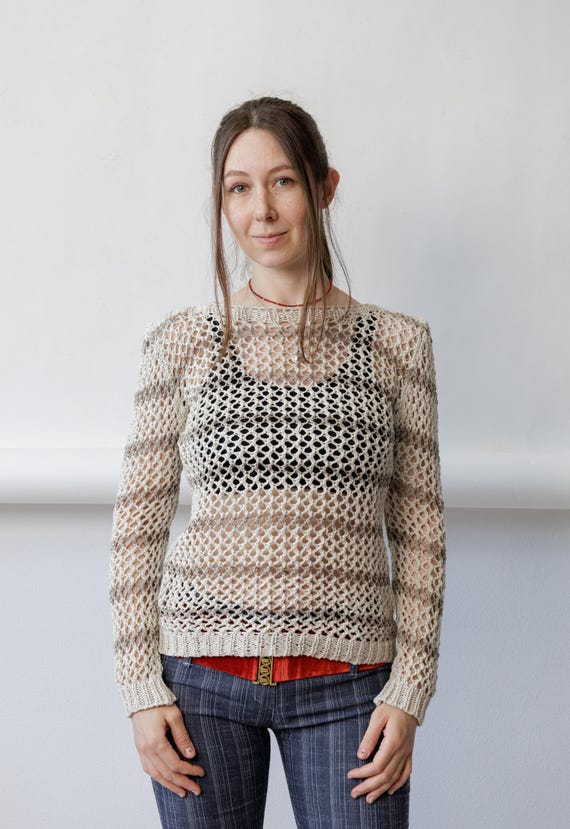 Y2K open mesh knit top with taupe stripes sheer fishnet crochet sweater size Medium