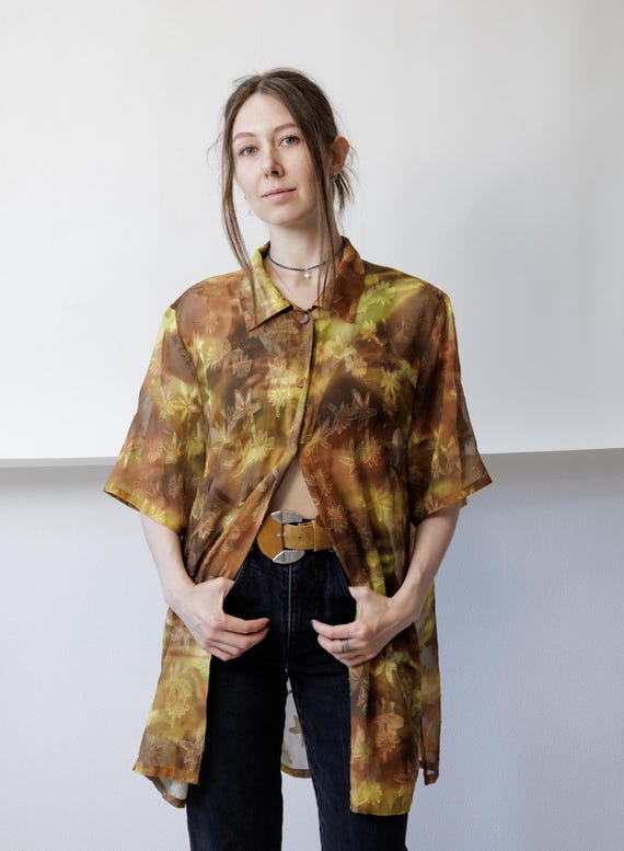 90s Sheer Floral Organza Shirt Brown Gold Embroidered Longline Oversized Boho Top XL