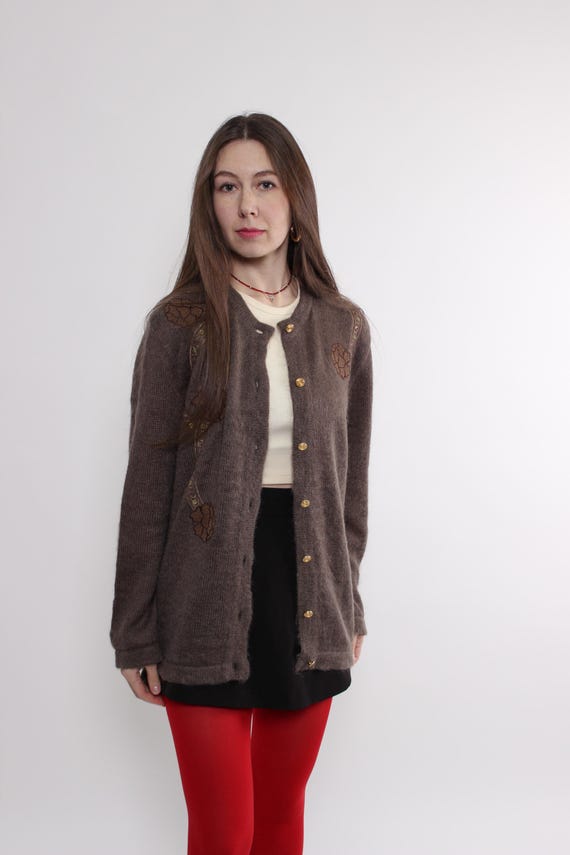 90s Wool Cardigan Embroidered Vintage Cottagecore Oversized Sweater, Size L