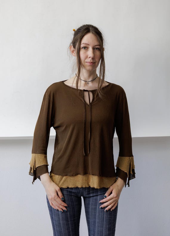 Y2k Sheer Brown Mesh Tie Neck Blouse Mustard Handkerchief Cuffs 2000s Fairy M