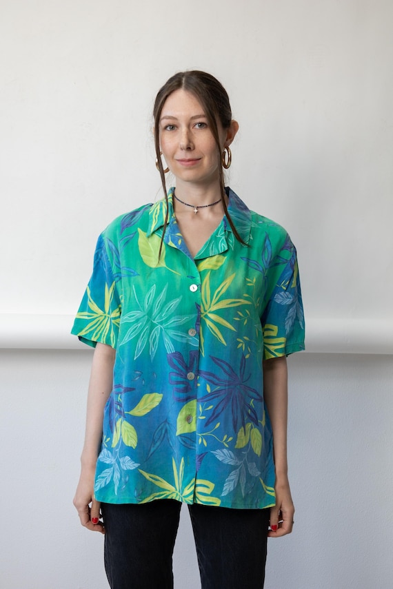 90s Blue Green Tropical Leaf Print Shirt Vintage Hawaiian Short Sleeve Blouse Size L