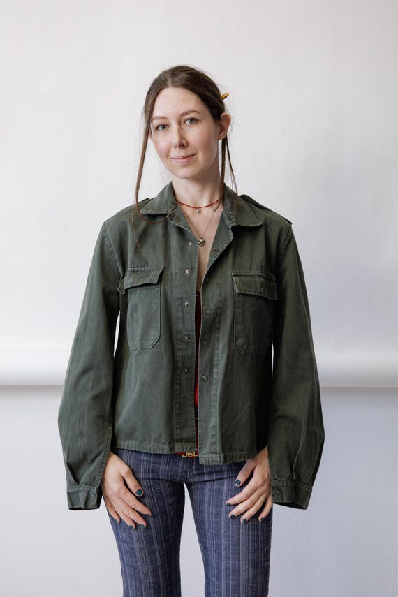 90s Olive Green Military Field Shirt Vintage Army Snap Front Utility Jacket Size L