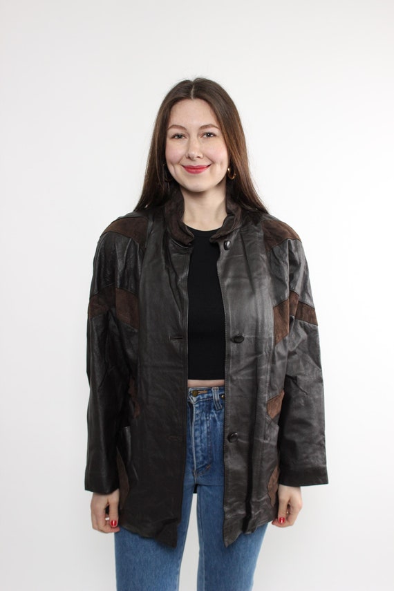 Vintage 90s leather jacket, Retro brown patchwork suede trench coat, Size M