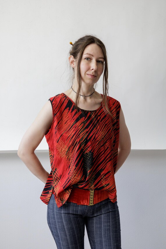 90s Abstract Brushstroke Print Tank Vintage Red Black Gold Sleeveless Shell Blouse Size M