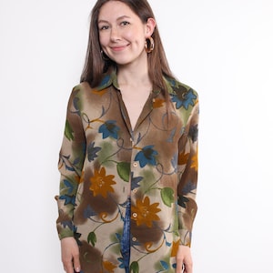 Blusa estampada com flores dos anos 90, blusa romântica vintage de manga comprida, tamanho M