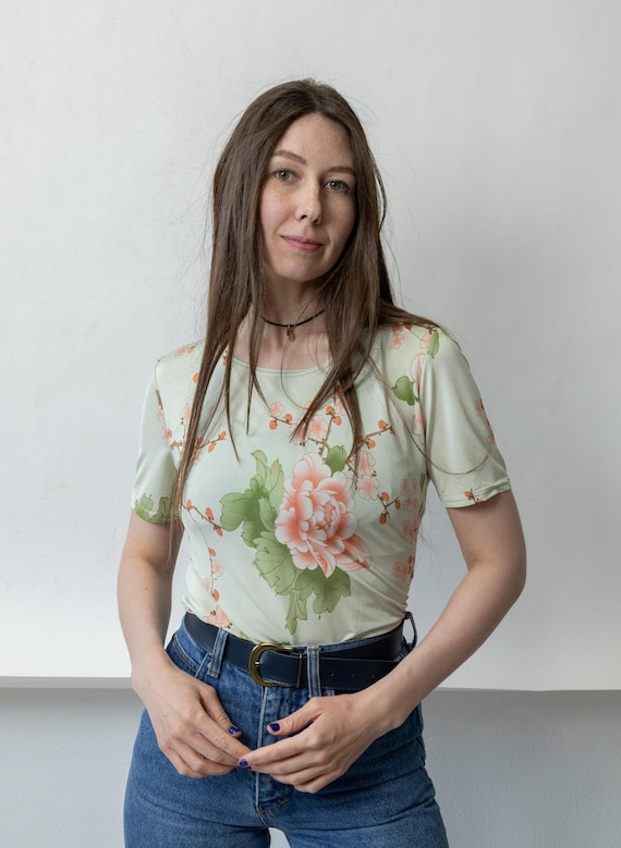 Y2K Sage Floral Tee Peony Blossom Print Top Vintage Stretch Fitted Size M