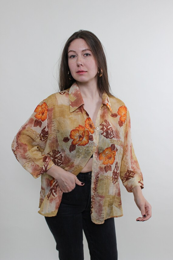 Amber Hibiscus Print Blouse 90s Vintage Crushed Satin Baroque Floral Oversized Shirt Size XL