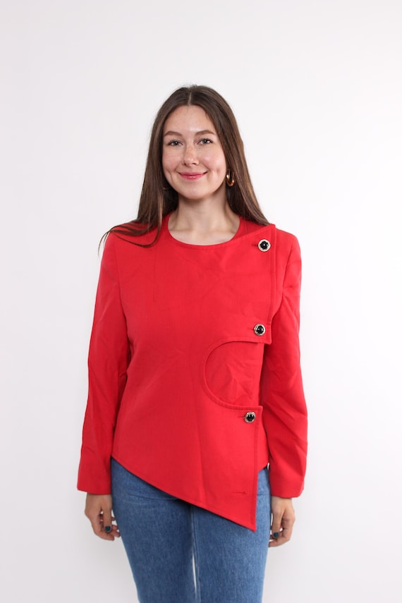 90s Vintage Asymmetrical Wool Blazer: Red Button Jacket, Size M