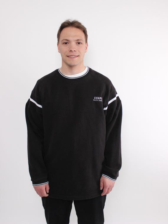 90s Chaps Ralph Lauren Sweatshirt Vintage Black Fleece Striped Trim Crewneck Mens Size L