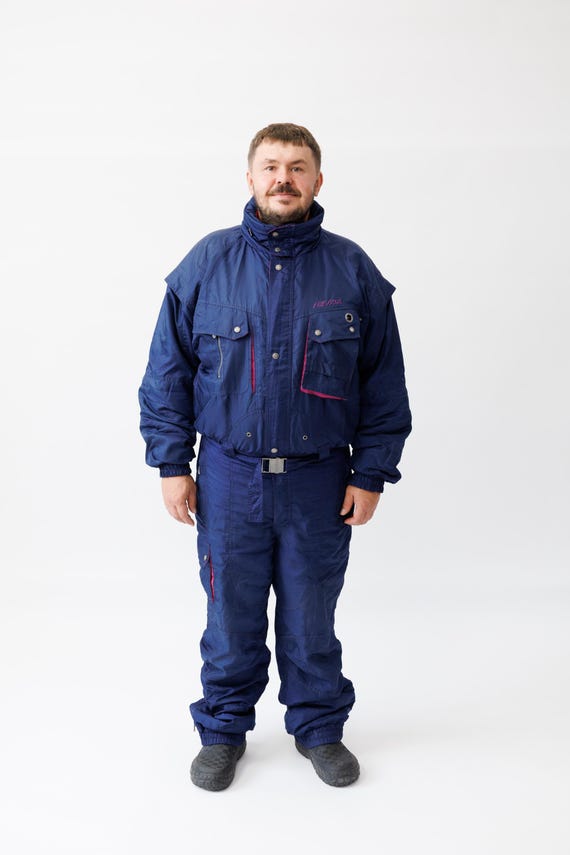 Nevica Frontline Expert Navy Magenta Vintage Mens Ski Suit Jumpsuit with Hood Size XL