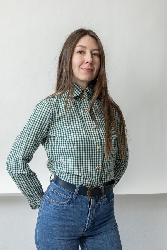 90s Green Plaid Cotton Shirt Vintage  Bavarian Folk Blouse Cottagecore Size M