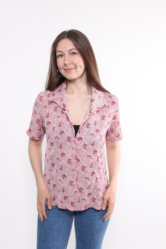 90s retro abstract blouse, vintage revere collar pinky summer blouse, Size M