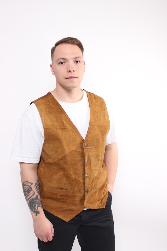 90s leather vest in brown color, vintage plus size button western gilet, Size XXL