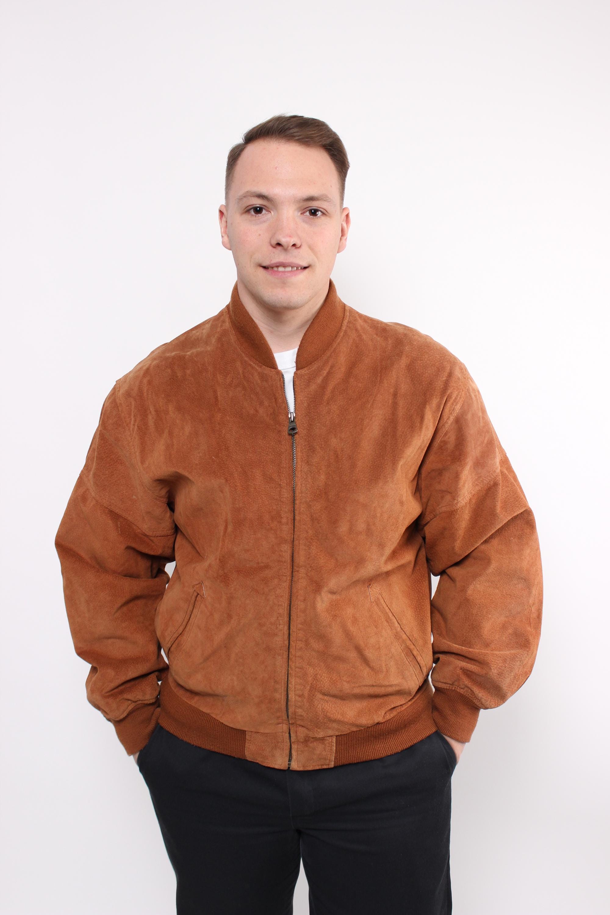 90年代のレザーボンバージャケット、ヴィンテージスエードブラウン