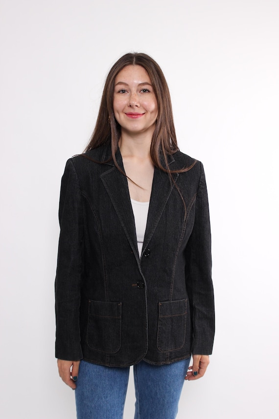 90s Vintage Grey Denim Blazer: Minimalist Cotton Jacket, Size M