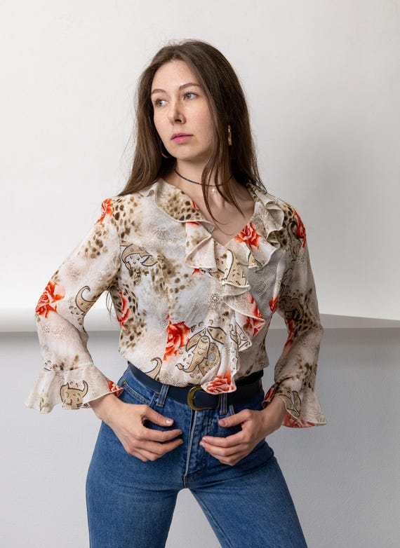 Y2K Leopard Lace Blouse Vintage Red Rose Print Ruffle Collar Maximalist Top Size M