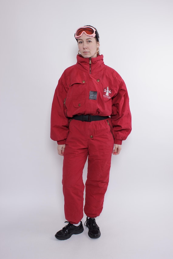 Vintage One Piece Ski Suit, 90s Women’s Red Snowsuit, Size M
