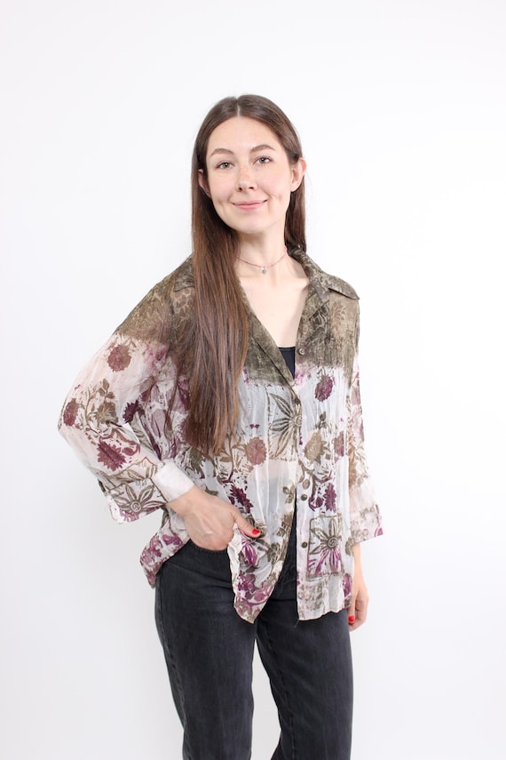 Vintage floral sheer blouse, 90s Boho Pasterl flowers print shirt 3/4 sleeves, Size L
