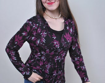 90er schwarze Blumenbluse, Vintage Bluse mit V-Ausschnitt, Stretch Bluse, Grösse L