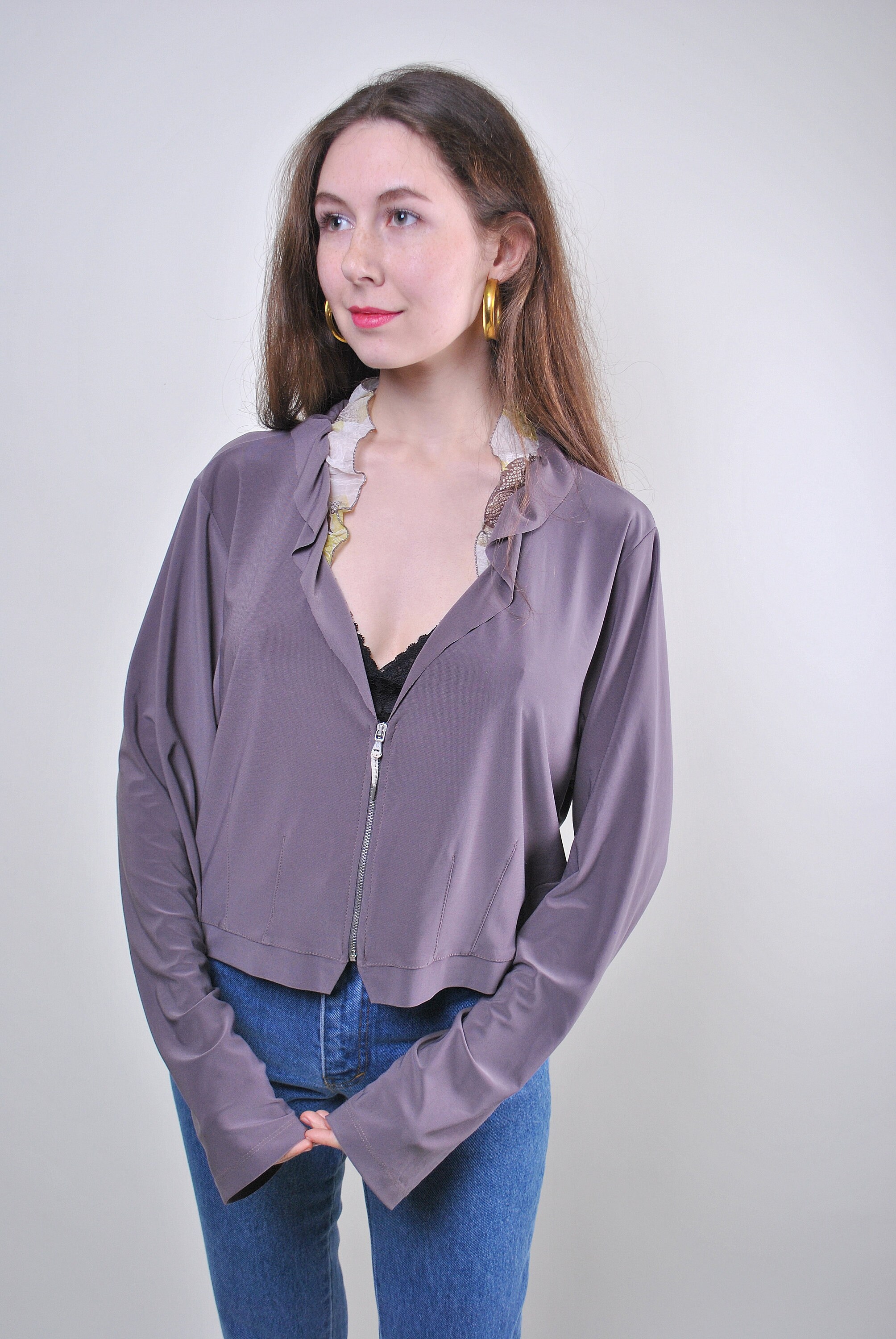 90s Crop Ruffle Blouse in Grey, Vintage Front Zip Cropped Ruched Blouse ...