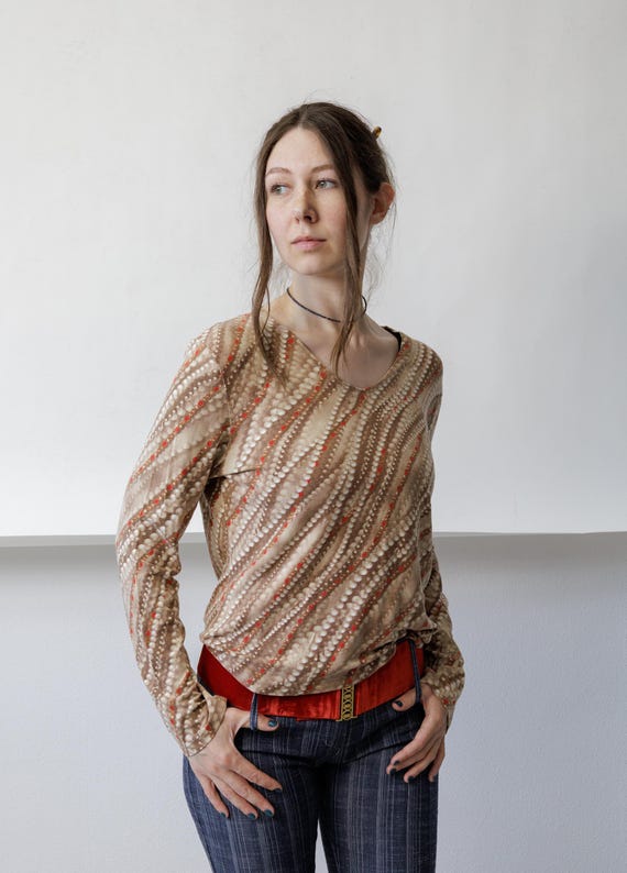 Y2k Trompe Loeil Pearl Print Top Taupe Brown Beaded V Neck Stretch Size M